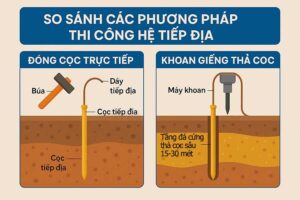 So Sánh Các Phương Pháp Thi Công Hệ Tiếp Địa, thi công hệ tiếp địa, đóng cọc tiếp địa, khoan giếng tiếp địa, hệ tiếp địa đạt chuẩn, điện trở đất, phương pháp tiếp địa, so sánh thi công tiếp địa.