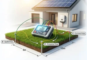 Cách đo điện trở đất hệ thống điện mặt trời, Sơ đồ 3 cực hướng dẫn cách đo điện trở đất chuẩn kỹ thuật cho hệ thống điện mặt trời gia đình